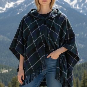 Forever 21 Navy and Green Plaid Hooded Poncho